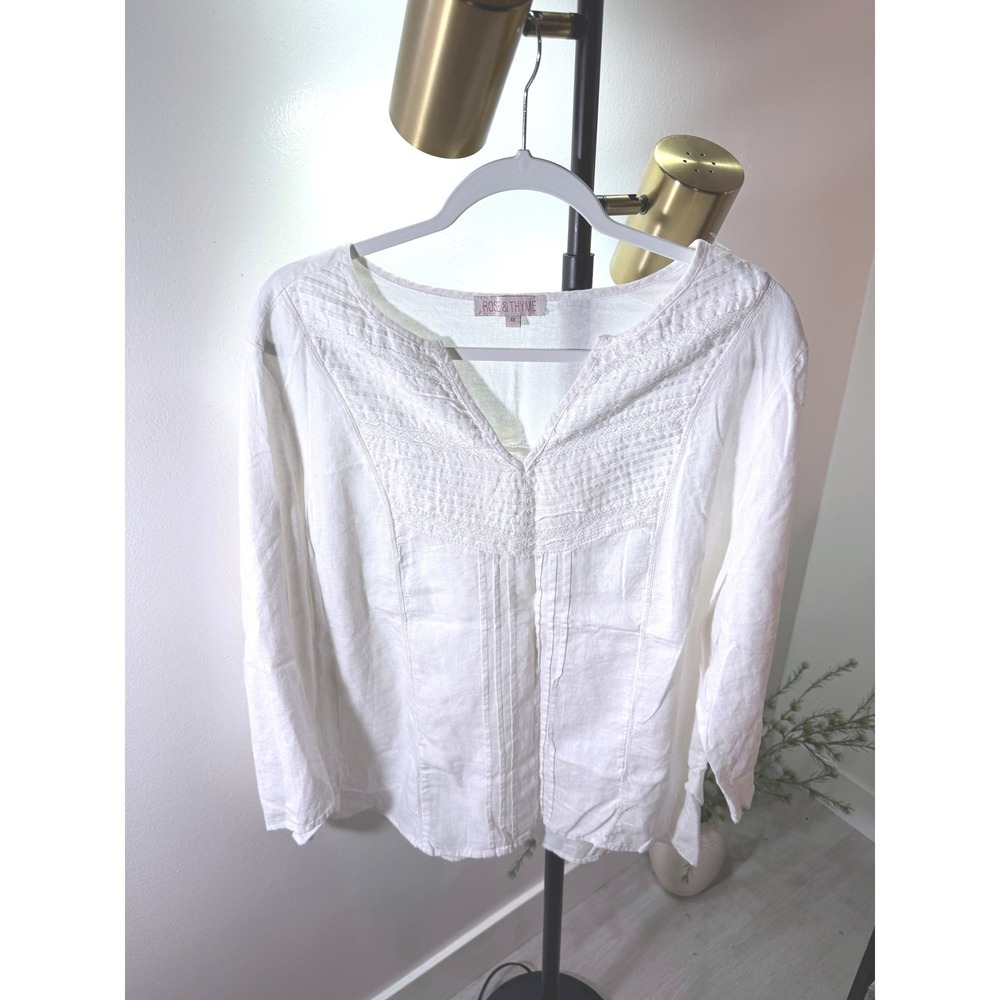 Rose & Thyme 1x linen pintuck long sleeve sustainable cotton clean white plus ec